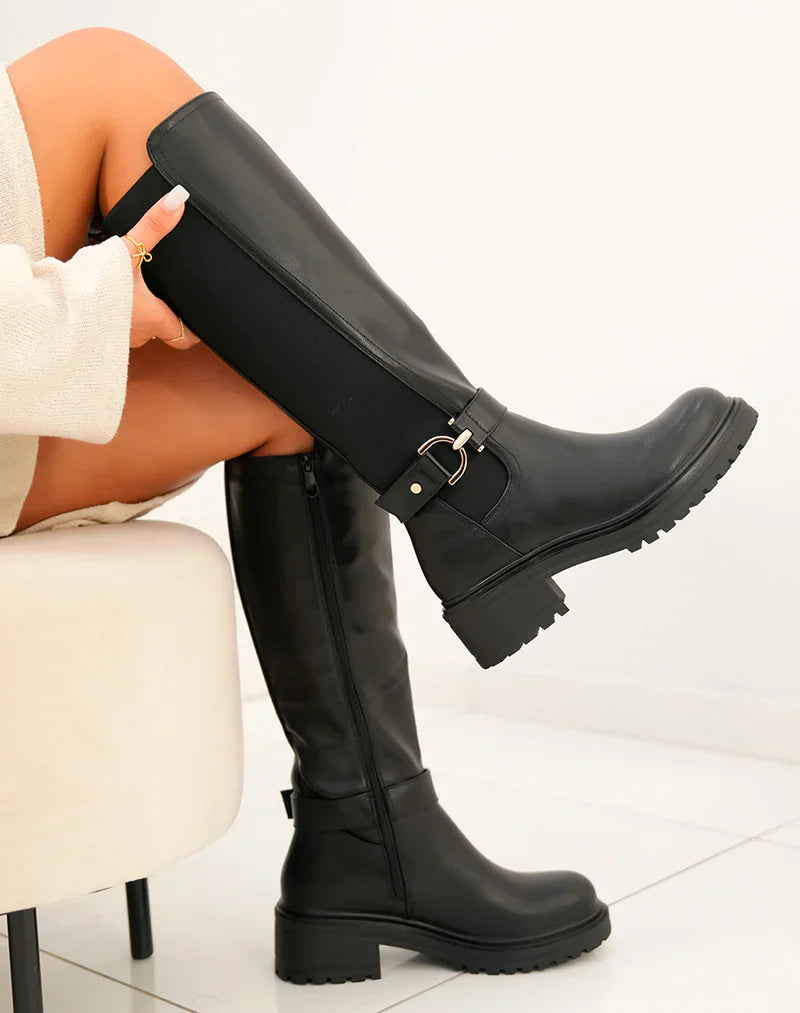 Alicja | Czarne Kozaki z Elastyczną Wstawką i Złotym Detalem